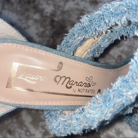 - Laura Marano Not Rated Platform Heels Blue Jean Fringe 5 inch Open Toe SZ 8 - Picture 10 of 11